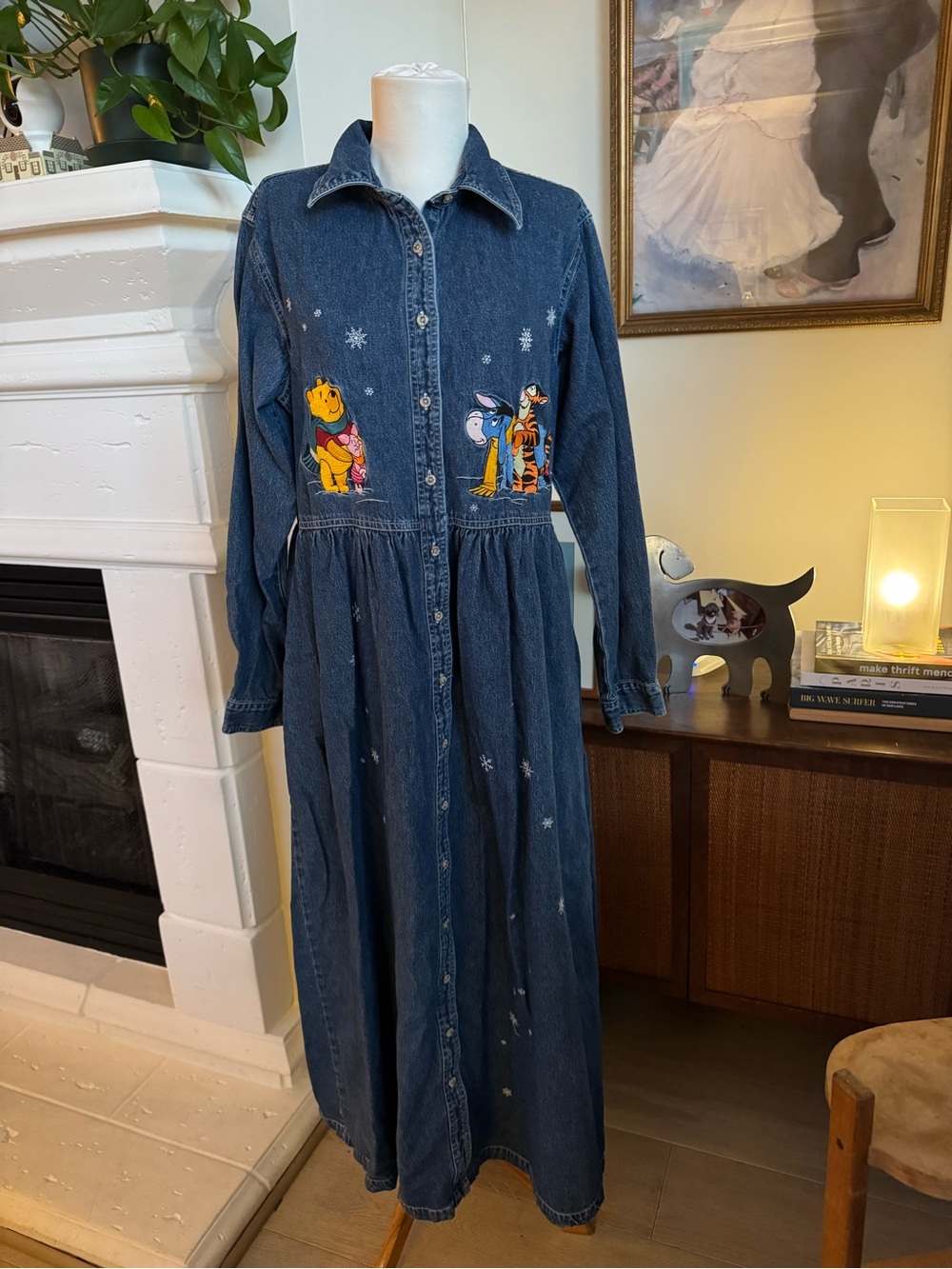 Denim Button-Front Maxi Dress with Winnie the Pooh Characters